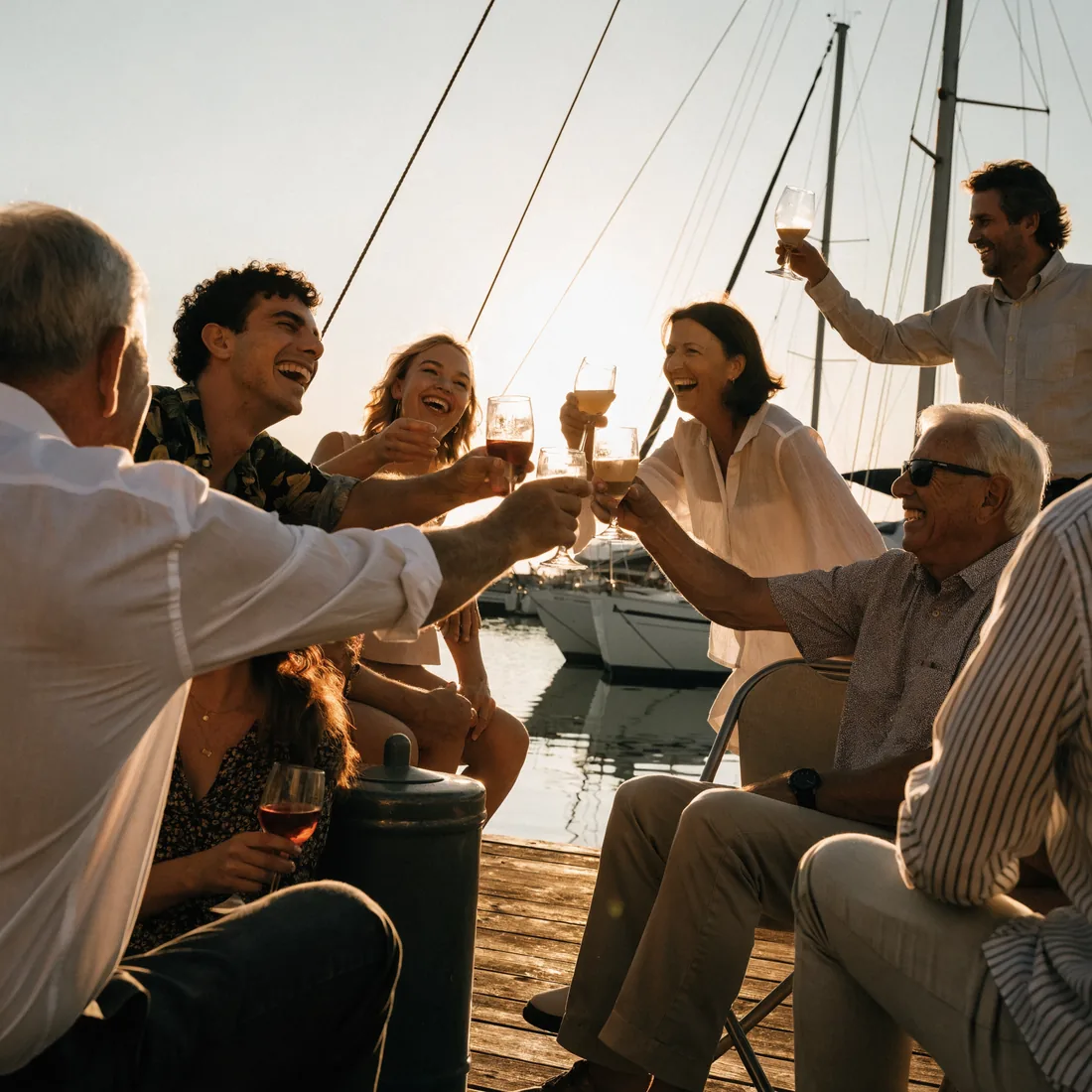 Members socialising on the club deck at sunset